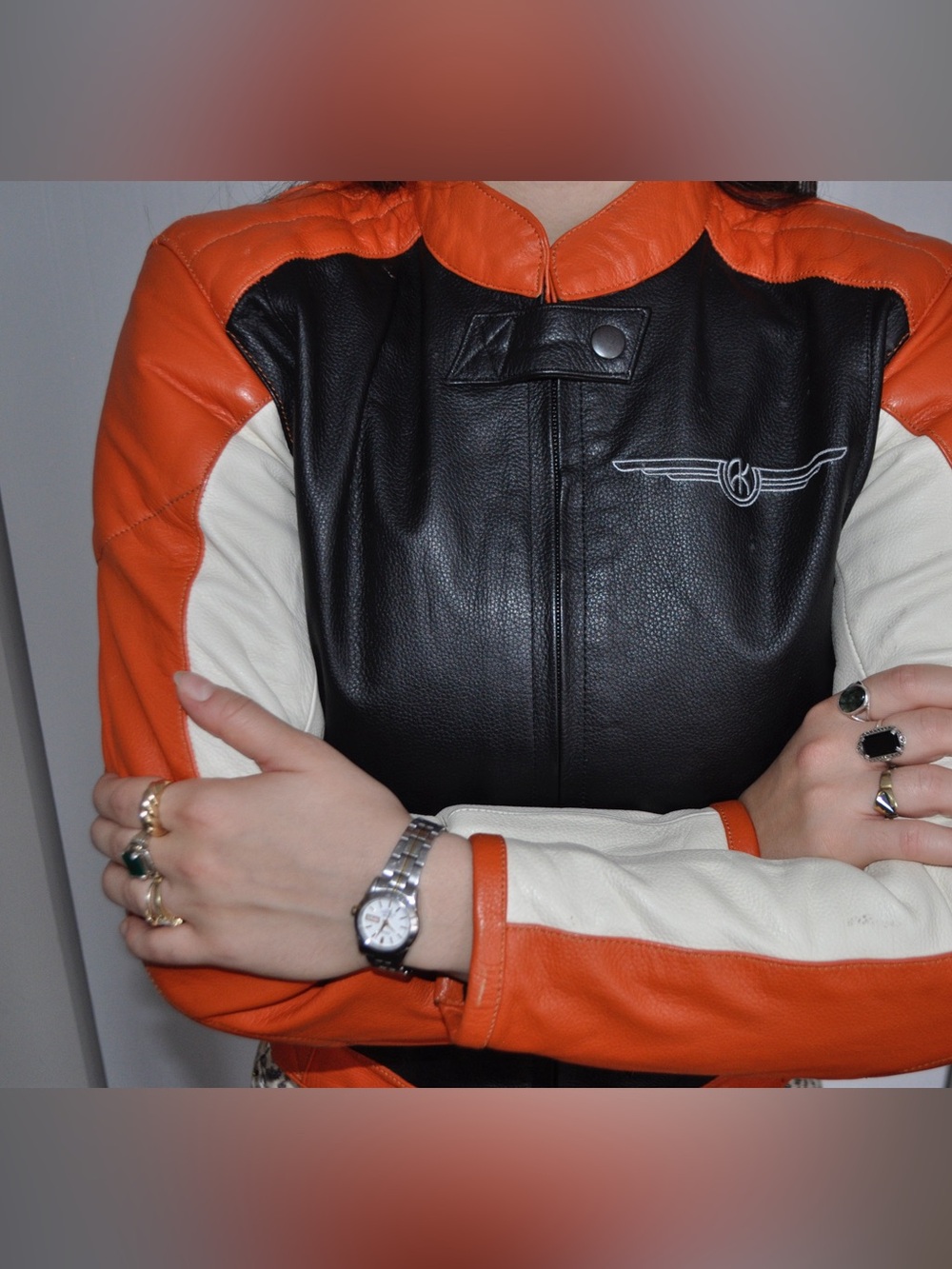 Women's Black and Orange Leather Biker Jacket - Picture 4 of 5